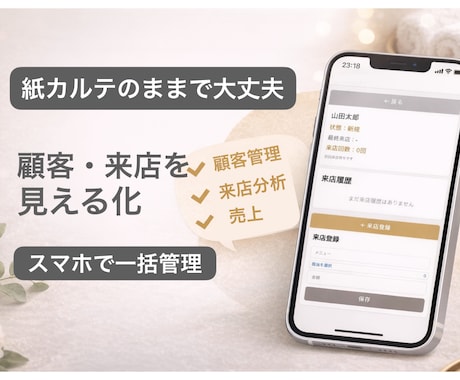 紙カルテのまま顧客・来店を見える化します スマホ1つで顧客・来店・売上をまとめて管理 イメージ1