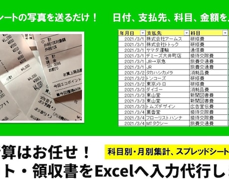 レシート・領収書をExcelへ入力代行します 勘定科目ごとの集計、月単位での継続発注もお受けいたします イメージ1