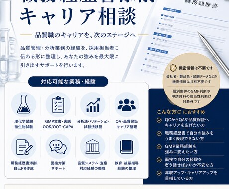 製薬QC職向け　キャリアアップをサポートします 製薬QC職向け｜職務経歴書添削・キャリア棚卸しサポート イメージ1