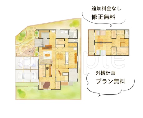 住宅などの間取り図　手書き風のイラスト書きます 外構プランも無料★追加料金なし★ふんわりやさしいタッチの図面 イメージ1