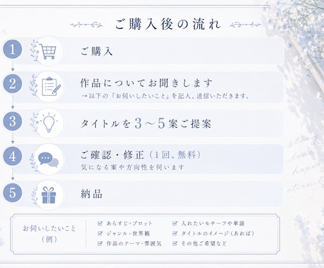 小説・同人誌・漫画のタイトルを3〜5案提案します 余韻や雰囲気を大切に同人誌・作品のタイトルを考えます イメージ2
