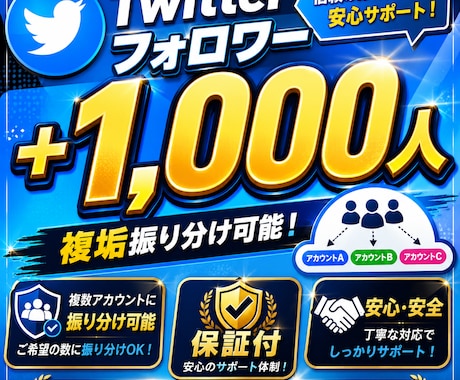X・旧Twitterフォロワー1000人増やします ✅＋1,000人増加✅減少保証付✅複垢振り分け可能✅高評価 イメージ1
