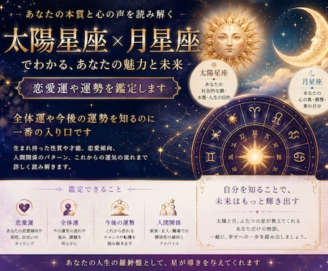 太陽星座と月星座で、恋愛運や運勢などを鑑定します 全体運や、今後の運勢をを知るのに一番の入り口です。 イメージ1