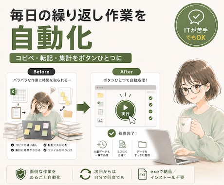 繰り返しのPC作業をまとめて自動化します データ転記・ファイル整理をボタン1つに（Python対応） イメージ2