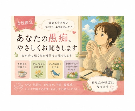 心が疲れた日に、ほっとできる居場所を作ります がんばり過ぎた女性へ｜安心して話せる癒しの時間 イメージ1