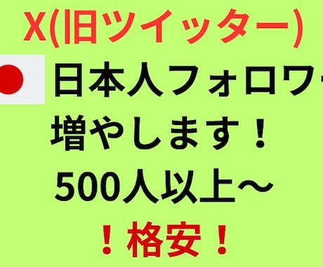 X(旧Twitter)日本人フォロワー増加させます 安心！安全な格安サービス！500人～フォロワー増加！ イメージ1
