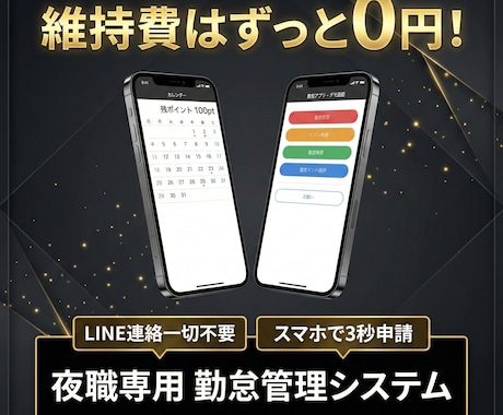 維持費0円！夜職専用の勤怠管理を導入します 月額無料。遅刻・早退・ポイント等の独自ルールもスマホで完結 イメージ1
