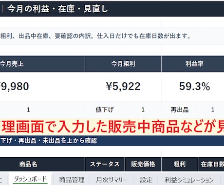 メルカリ売上管理Excelを販売しますます 利益と在庫をかんたんに見える化 イメージ2