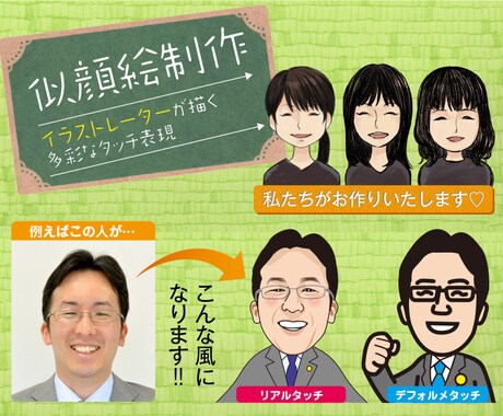 広告代理店が【タッチが選べる】似顔絵を制作します リアルorデフォルメタッチからお選びいただき制作します。 イメージ1