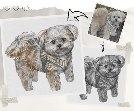 商用ok お写真から墨画/水彩画風の似顔絵描きます 複数人、わんこ・にゃんこ、背景描写も対応可 イメージ1