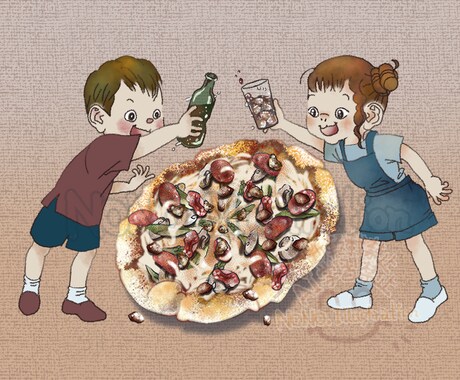 お料理に、ふんわり人物を添えてお描きします 美味しかったね、が伝わる、お料理と笑顔のシーンをイラストに！ イメージ1