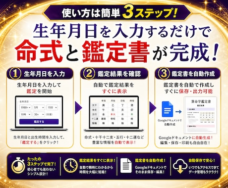 生年月日から算命学の命式と鑑定書を自動作成します 命式9マス・陰占・鑑定文を自動算出！ドキュメント形式で保存！ イメージ2