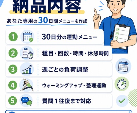 専用の30日間トレーニングメニューを作成いたします 運動初心者向け　あなた専用の30日間トレーニングを作成します イメージ2