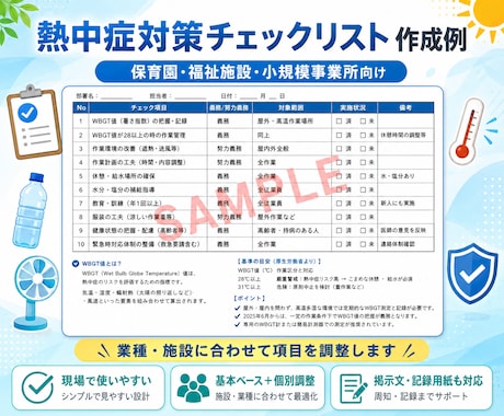第一種衛生管理者が熱中症チェックリストを作成します 夏本番前に施設・学校向け熱中症対策資料一式を丁寧に作成します イメージ2