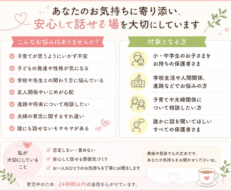 元小学校・中学校教員が寄り添います 頑張る保護者の気持ちに寄り添う相談室です イメージ2