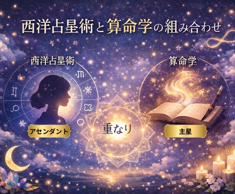 西洋占星術と算命学を組み合わせ自分の深みを知れます 外の顔と本質の重なり・違いを言語化、行動につながる自己理解へ イメージ1