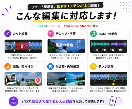 ショート動画を最後まで見たくなる動画に編集します 動画編集を丸投げしたい方大歓迎！見やすくテンポよく編集します イメージ2