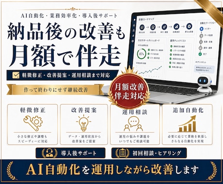 AI自動化・業務効率化の月額改善サポートをします 導入後の改善・追加自動化・運用相談まで継続サポート イメージ1