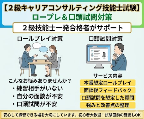 2級キャリアコンサルティング技能士試験対策します 試験本番を想定したロールプレイ・口頭試問、フィードバック イメージ1