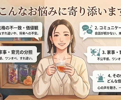 夫婦関係の悩みや修復のヒントを丁寧にお聞きします 結婚8年の経験から夫婦のお悩みに優しく寄り添います✨ イメージ2