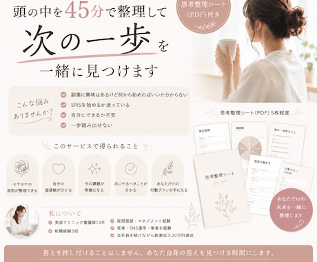 会社員女性向け｜副業を始める前の思考整理をします 頭の中を一緒に整理して、本当にやりたいことを探しませんか？ イメージ1