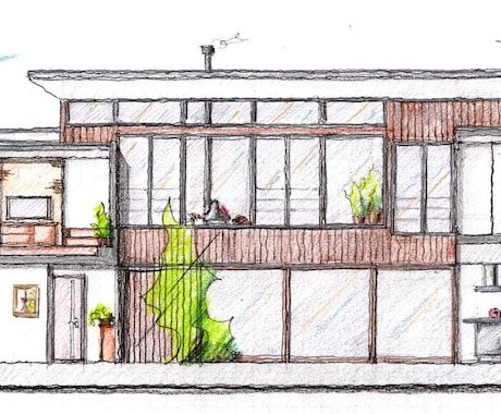 建物の外観立面図や断面図を手描きで描き起こします イメージや雰囲気を伝えるツールとして手描きします