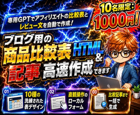 ブログ用の商品比較表HTML＆記事高速作成できます 専用GPTでアフィリエイトの比較表とレビュー文を自動で作成！ イメージ1