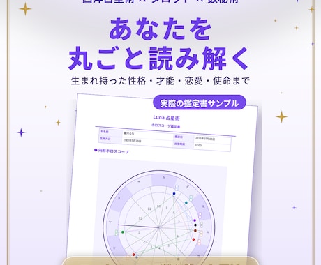 西洋占星術×タロット×数秘術で総合鑑定します 性格・恋愛・仕事を3つの占術で読み解くフルカラーPDF鑑定書 イメージ1