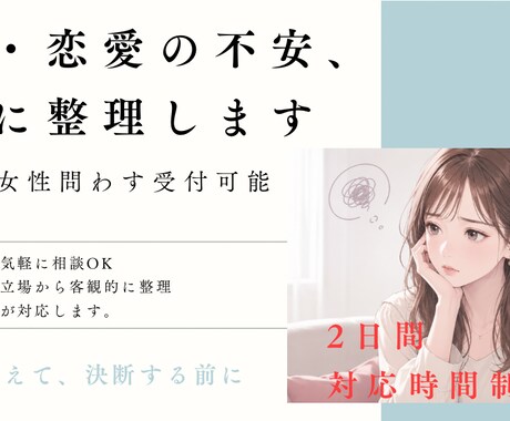 婚活・恋愛の不安をチャットで一緒に整理します 感情を客観的に整理しながらクリアにしていくチャット相談です イメージ1