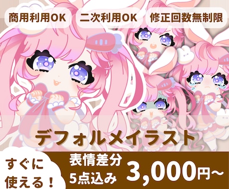 デフォルメキャラ表情差分5点セットかきます 魅力的な商用利用OKですぐに使えるSDキャラ描きます！ イメージ1