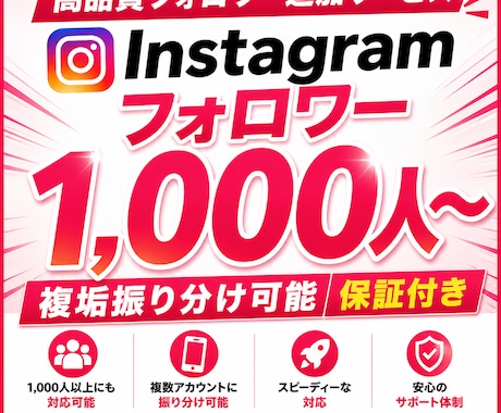 Instagramフォロワー＋1000人増やします 複数アカウント振り分け可能！ゆっくり増加可能！減少保証付き！ イメージ1