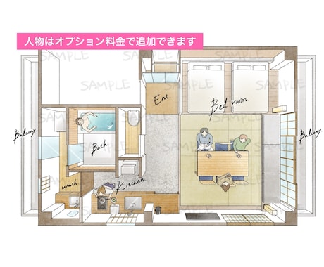 柔らかい手書き風3D間取り図(鳥瞰図)制作します ▼ 1〜2LDKまで／家具付き／Airbnb実績多数 イメージ2