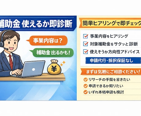 補助金、使えるか即診断します 事業内容をヒアリングし、 補助金が使える可能性を診断します。 イメージ1