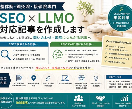 整体・鍼灸・接骨院向けSEO＋LLMO集客記事ます アクセス・お問い合わせ・来院につながる記事を作成 イメージ2