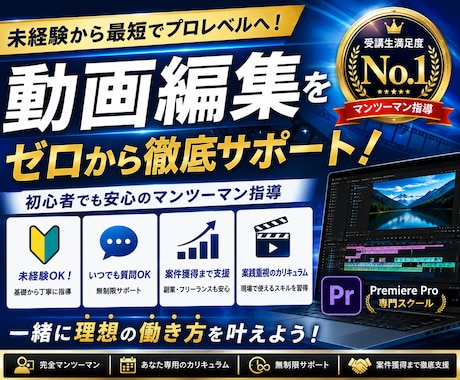 初心者大歓迎！！本日対応可！動画編集を教えます プレミアプロや案件獲得を目指す方をご丁寧にサポートします！！ イメージ1