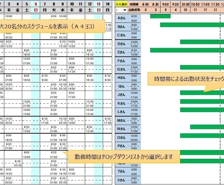 シフト管理表を作成します 最大20名分のシフト表示と当日の勤務状況をチェックできます。 イメージ1