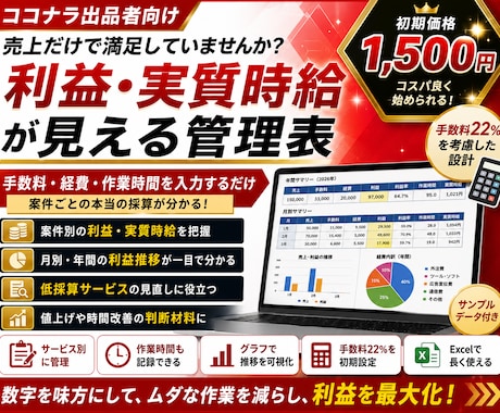 ココナラの利益と実質時給をExcel見える化します 手数料・経費・作業時間を入力 案件ごとのリアル採算を自動計算 イメージ1