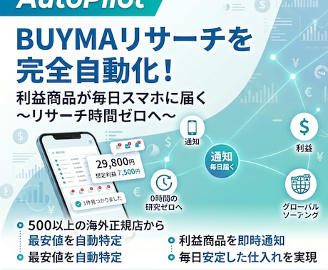 利益商品が毎日スマホに届くツールをご提供します リサーチ時間ゼロ。500以上の海外正規店から最安値を自動特定 イメージ1
