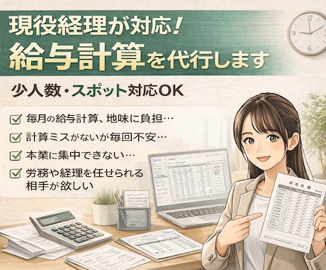 給与計算　正確・丁寧に代行します 現役経理が対応！　少人数からでも承ります！ イメージ2