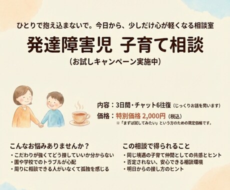 発達障害児の子育ての悩みを伺います 幼稚園や小学校の対応、悩みの相談に イメージ1