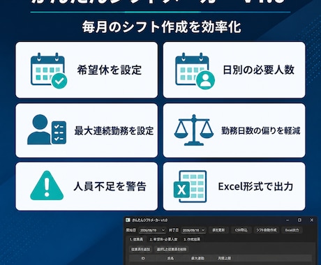 店舗シフトを自動作成します 希望休と人数条件から勤務表を簡単作成 イメージ2