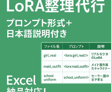 LoRA整理代行 プロンプトと説明文整備ます LoRA名・使い方・中身を整備し一覧化 イメージ1