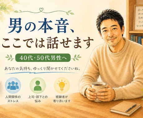 同世代男性の悩みに寄り添います 会社でも家庭でも言えない本音、ここで話してください イメージ1