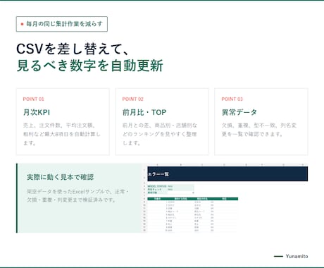 売上CSVを自動集計するExcelを作ります 高評価実績あり｜CSV差し替えだけでKPIを更新 イメージ2