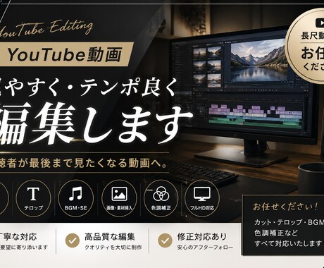 YouTube動画を見やすく・テンポ良く編集します 編集の手間、すべてお任せください。 イメージ1