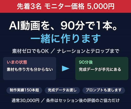 AI動画を90分で1本一緒に作ります 素材がなくてもOK。生成AIで1本仕上げて持ち帰れます イメージ1