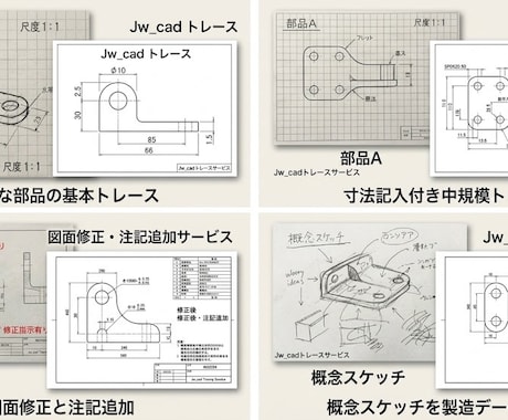 Jw_cadで機械部品の2D図面トレースします ポンチ絵や紙図面を正確な2D機械CADデータ（dxf等）へ イメージ1