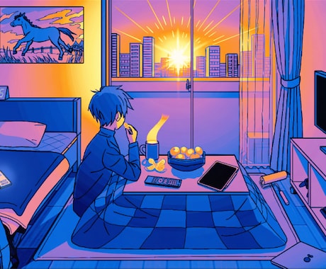 物語のある背景付きのイラストを描きます 線画で構成された背景付きのアニメ塗り風イラスト イメージ1
