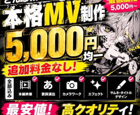 どんな形式のMVもサムネ込み5000円で制作します 見応えのある本格MVを今だけ超低価格で！ イメージ1