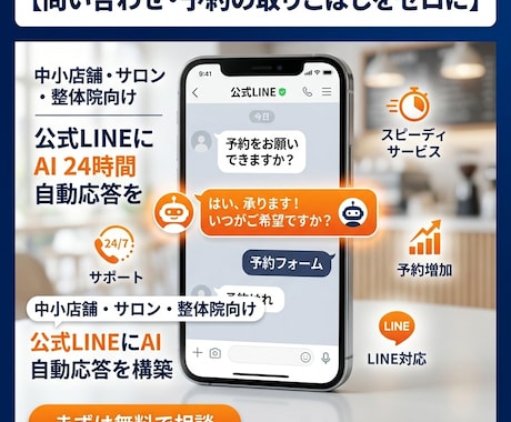 公式LINEにAIの24時間自動応答を構築します 問い合わせ・予約の取りこぼしを、AIが24時間で受け止めます イメージ1